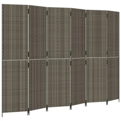 Image of vidaXL Grey Poly Rattan Room Divider 6 Panel Privacy Screen for Indoor &amp; Outdoor Use with Durable Steel Frame Foldable Design