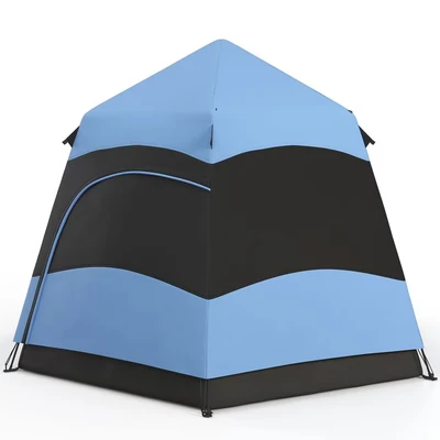 Image of Outsunny Double Layer Dome Tent with Rainfly and Welded Floor, 4 Man Hexagon Pop Up Tent, Portable Camping Shelter Hang Hook Carry Bag, for Festival Hiking Family, Blue Black