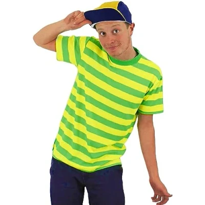 Image of Mens Yellow &amp; Green Stripe T Shirt XX Large Nostalgic Fresh Top Neon Bel Air Prince Style Tee Retro Character