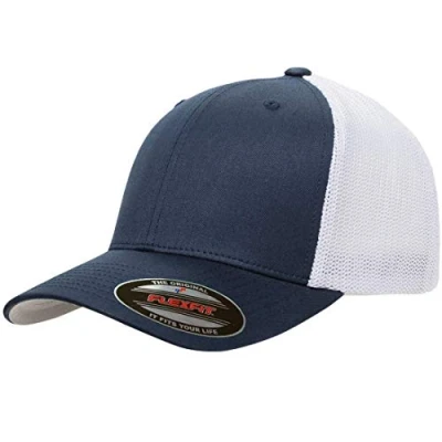 Image of Yupoong Men&#039;s Flexfit Trucker Mesh Fitted Cap Two Tone, Opaque, Marine Blue/White, One Size