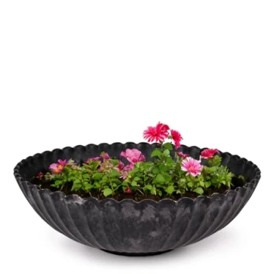 Image of matches21 Outdoor Plant Bowl 22 cm Decorative Black Ribbed as Flower Pot Round for Garden, Balcony or Cemetery Grave
