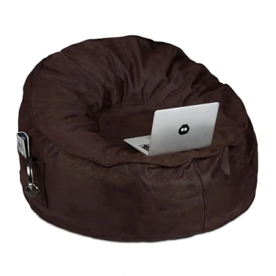 Image of Relaxdays XXL Beanbag Chair, Suede Look, Foam, 2 Side Pockets, Giant Seat Cushion, Adult, HWD: 60x110x110 cm, Dark Brown