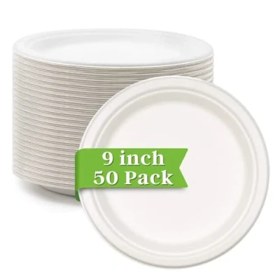 Image of Ask Packaging Strong Paper Plates (9 Inch / 50 Pack) 100% Compostable Heavy Duty Eco Friendly Disposable Bagasse Plates, Made of Natural Sugarcane Fibers 9&quot; Biodegradable