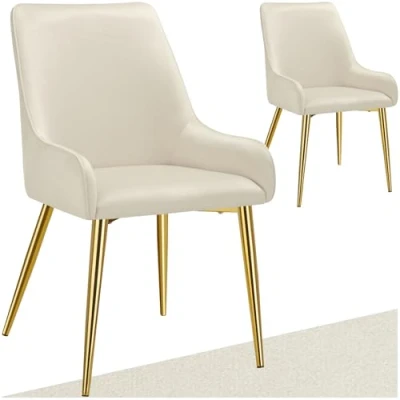 Image of TecTake® Set of 2 Dining Chairs with Soft Covers in Velvet Look, Thickly Padded Armchair Ergonomic Design &amp; Sturdy Steel Legs, Ideal as Kitchen Chairs, Living Room Armchairs Beige