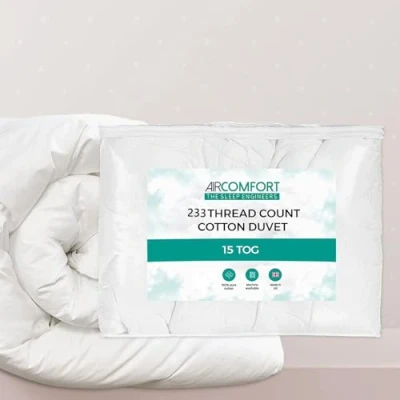 Image of Air Comfort 15 Tog Feels Like Down Duvet 100% Silk Organic Cotton Cover Hypoallergenic Feather &amp; Alternative Hollowfibre Filling Super King