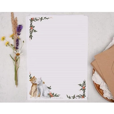 Image of Making Meadows A4 Lined Letter Writing Paper Set (20 Sheets &amp; 10 envelopes) Cat with Flowers Design On Penpal Stationery