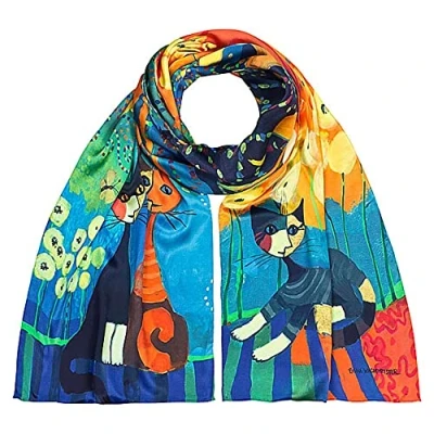 Image of VON LILIENFELD Scarf Satin Women Long Motif Cat Art Rosina Wachtmeister: Dolce Vita Lightweight Precious Processing Cute