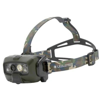 Image of Ledlenser HF8R Core RGB Fishing Head Torch Rechargeable, Camouflage, 1600lm, 8 Modes inc Red, Green, Blue LED Light, Up to 90hrs Runtime, Adjustable Focus, Waterproof, Essential Camping Equipment