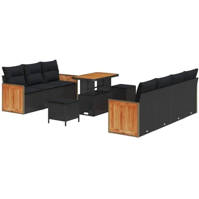 Image of vidaXL 10 Piece Garden Sofa Set with Cushions Black Poly Rattan Acacia