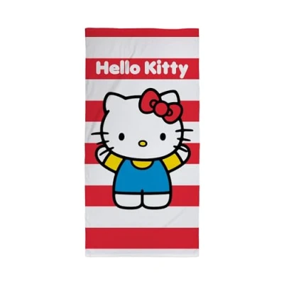 Image of Character World Official Hello Kitty Kids Towel Super Soft Feel, Cheeky Stripey Design Perfect The Home, Bath, Beach &amp; Swimming Pool One Size 70cm x 140cm