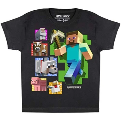 Image of Minecraft Steve and Friends T Shirt, Kids, 5 15 Years, Black, Official Merchandise 7 8 Years