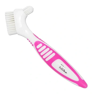 Image of Denture Brush Rubber Grips, Easy Hold Handle, Double Bristle Head (Pink, One Size)