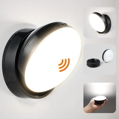 Image of ZVM LED Indoor Wall Light with Motion Sensor, Black Lamp Switch, 360 Rotatable, 3000 K/7000 K Lighting, Wireless Magnetic, for Living Room, Hallway, Stairs