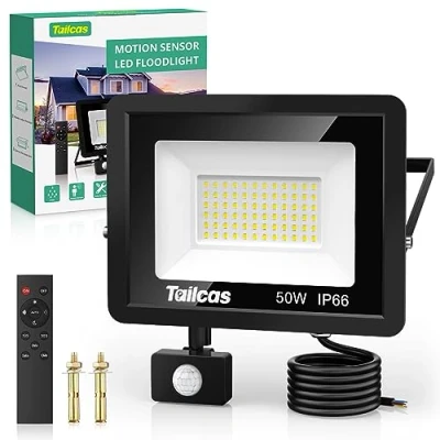 Image of Tailcas Security Lights Outdoor Motion Sensor, 50W 4500LM Light with Remote Control, IP66 Waterproof PIR Lights, Outside LED Floodlights Sensor for Garden, Backyard, Garage