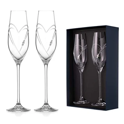 Image of DIAMANTE Swarovski Champagne Flutes Prosecco Glasses Pair &#039;Hearts&#039; Design with Crystals