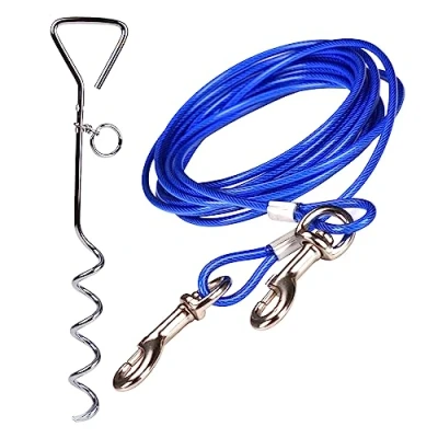 Image of 33ft(10M) Dog Tie Out Cable with 18&quot; Spiral Ground Stake Spike for Outdoor Yard and Camping Small to Medium Dogs (33ft(10M) cable, stake, Blue)