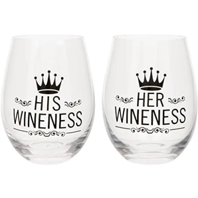 Image of Maturi Set of Two His and Her Wineness Stemless Glasses