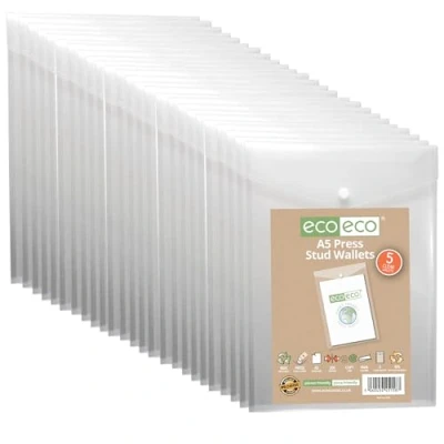 Image of eco A5 50% Recycled Clear Transparent Portrait Press Stud Popper Wallet, Plastic Folders 230x170mm (Pack of 25), 200mic, eco158x25