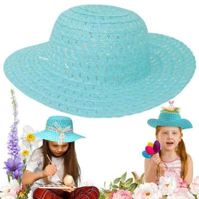 Image of HOVUK Blue Woven Colourful Hat, Fancy Dress Accessory for Easter Bonnet Decorations Craft Supplies Size 16cm