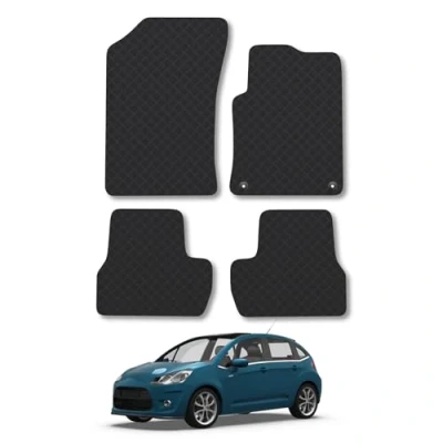 Image of Car Mats for Citroen C3 (2010 2017) Tailored Fit Rubber Floor Mat Set Accessory Black Custom Fitted 4 Pieces with Clips Anti Slip Backing, Heavy Duty &amp; Waterproof