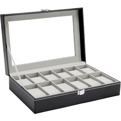 Image of Ohuhu Watch Box with 12 Slots, Case Glass Lid, PU Leather Holder Velvet Pillows, Storage for Men and Women, Gift Idea Birthday Father&#039;s Day Christmas