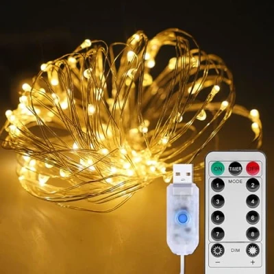 Image of ILantule USB LED Lights, String 10M 100 Decorative Fairy with Remote Control, 8 Modes, for Indoor and Outdoor Christmas, Parties, Weddings, Warm Yellow