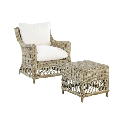 Image of Indoor Natural Rattan Chair Footrest Off White Cushions Ribolla