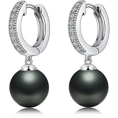 Image of Black Pearl Earrings Women Drop Sterling Silver Hypoallergenic Faux Studs Unique Dangle 10mm Leverback for