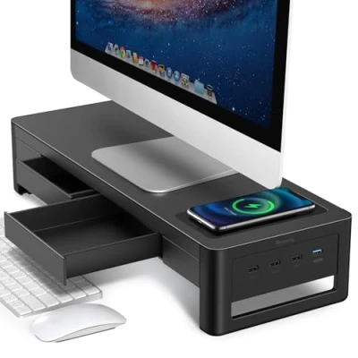 Image of Meatanty 3 In 1 Monitor Stand Riser with 2 Storage Drawers,1 Wireless Charging Module and 4 USB Ports,Metal Computer Supports Transfer Data Charging,Desk Organizer for PC,Laptop,iMac