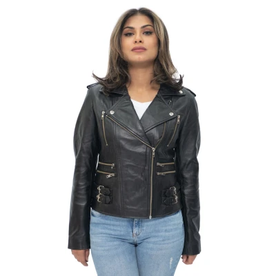 Image of Ladies Retro Matt Black 100% Nappa Leather Biker Jacket S