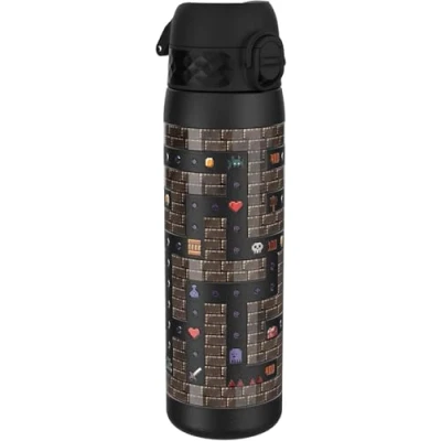 Image of Ion8 Steel Water Bottle, 600 ml/20 oz, Leak Proof, Easy to Open, Secure Lock, Dishwasher Safe, Flip Cover, Fits Cup Holders, Carry Handle, Durable, Metal Raised Print, Gaming Design