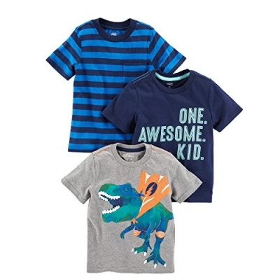 Image of Simple Joys by Carter&#039;s Baby Boys&#039; 3 Pack Short Sleeve Tee Shirts T, Blue Stripes/Grey Dinosaur/Navy Text Print, 5 Years (Pack of 3)