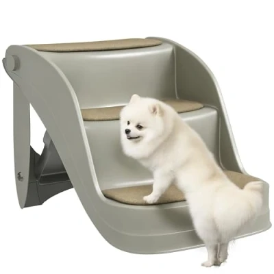 Image of PawHut Foldable Pet Stairs Portable Dog Steps 3 Step Design with Non slip Mats for High Beds, Sofas, 49 x 38 cm, Grey
