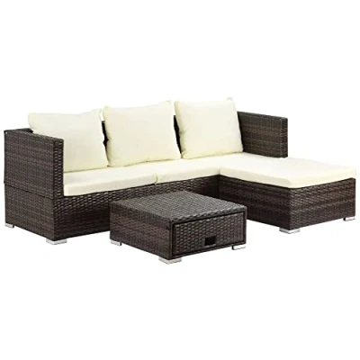 Image of Outsunny 3PC Rattan Garden Furniture Storage Sofa Set 4 Seater Wicker Coffee Table Conservatory Sun Lounger Reclining Outdoor Weave with Cushion Brown