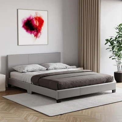 Image of Vida Designs Lisbon Faux Leather Bed, Grey (King Size 5ft No Mattress)