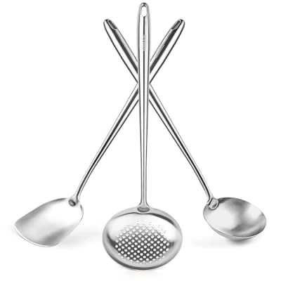 Image of Yosukata 43cm Wok Spatula and Ladle Skimmer Spoon Stainless Steel Cooking Utensils Set of 3 304 Kitchen Dishwasher Safe Accessories Tools