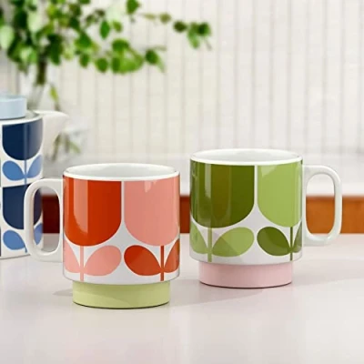 Image of Orla Kiely Set of 2 Stacking Mugs Ceramic Block Flower Tomato/Fern Gift Boxed