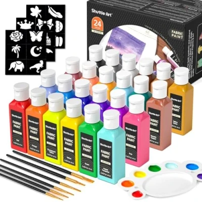 Image of Shuttle Art Fabric Paint Permanent for Clothes, 24 Colours Paints in Bottles (60ml/2oz) with Brushes, Palette, Stencils, Non Toxic Textile T Shirt, Shoes, Bag, Jeans, No Heating Need