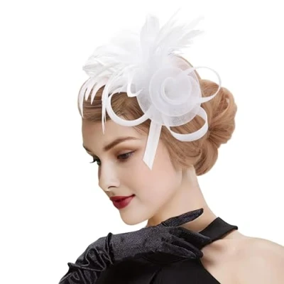 Image of DRESHOW Fascinator Hat Mesh Flower Feather Fascinators with Clip and Head Band Cocktail Tea Party Headwear for Girls &amp; Women