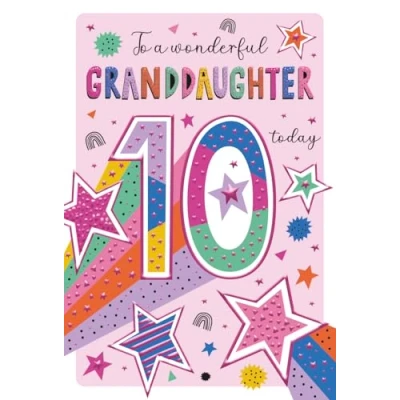 Image of Granddaughter 10th Birthday Card Age 10 Colourful Stars Design Special Finish Made in the UK