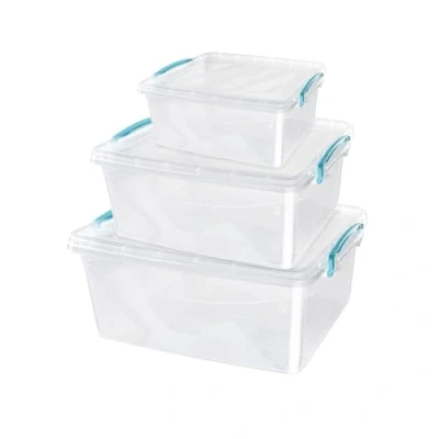 Image of JVL Plastic Clip Lidded Food Storage Box, Stackable &amp; Nestable, Set of 3, 1.6L, 3L, 5L