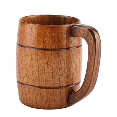 Image of TOPINCN Natural Wooden Beer Cup, 14 oz Retro Tea Water Rustic Wood Drinking Coffee Mug with Handle Camping Cup Drinkware for Home Restaurant