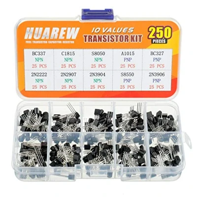 Image of HUAREW 10 Values 250 Pcs Transistors NPN BC337 C1815 S8050 2N2222 2N2907 2N3904 PNP A1015 BC327 S8550 2N3906 BJT Bipolar Junction Transistor Assortment Kit