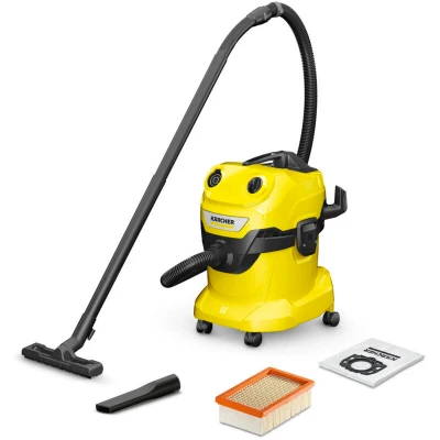 Image of Kärcher WD 4 Wet &amp; Dry Vacuum Cleaner, power: 1000W, plastic container: 20l, suction hose: 2.2m, blower function, flat pleated filter, floor and crevice nozzle, Yellow