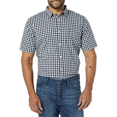 Image of Amazon Essentials Men&#039;s Slim Fit Short Sleeve Poplin Shirt, Navy White Gingham, XXL