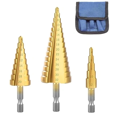 Image of Hocansen 3 Pcs/Set High Speed Steel Titanium Coated Step Drill Bit Hex Shank Cone Gold Spiral Grooved for Plastic, Wood Drilling Hole（4 12mm/20mm/32mm）