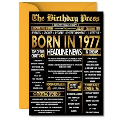 Image of Gold 48th Birthday Card for Men Women Black &amp; Golden Newspaper Born in 1977 Happy 48 Cards Daughter Wife Dad Niece Brother Colleague, 5x7 Inch Bday Greeting
