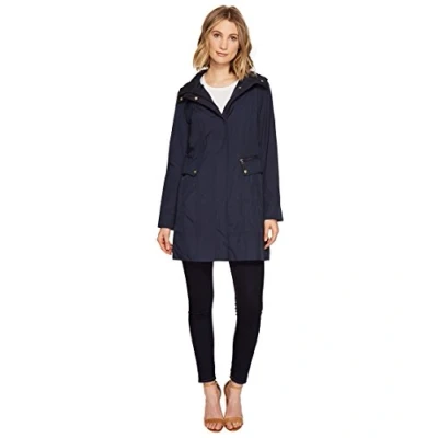 Image of Cole Haan Women&#039;s Hooded Packable Rain Jacket with Cinchable Waist Raincoat, Indigo, SM (US 4 6)