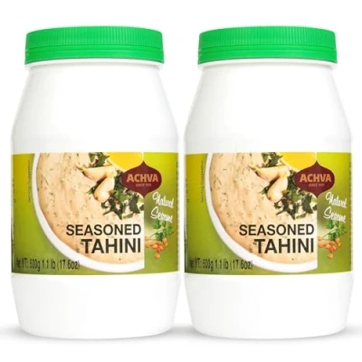 Image of Achva Seasoned Tahini Paste Natural Sesame Rich Creamy Taste for Hummus Sauce &amp; Dressing Kosher, Vegan Gluten Free, Peanut Free Non GMO (2 Jars of 500g)