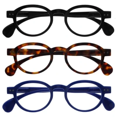 Image of OPULIZE OCA Reading Glasses 3 Pack Modern Retro Round Frame Black Brown Blue Mens Womens Spring Hinges RRR54 123 +2.50
